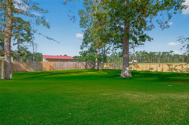 a view of a green field with trees