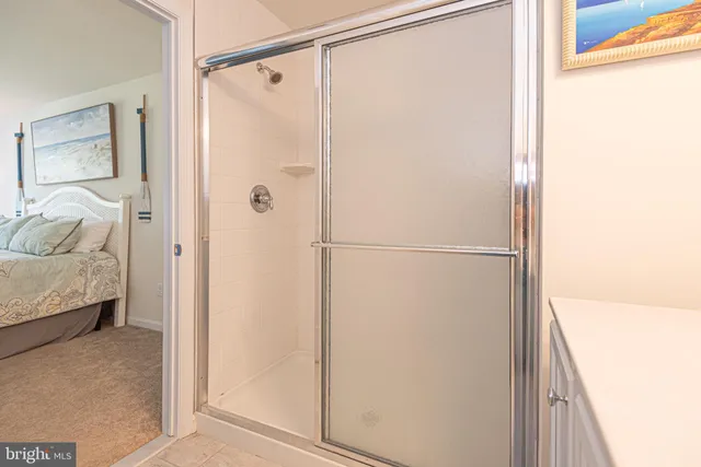 a bathroom with a shower and a sink