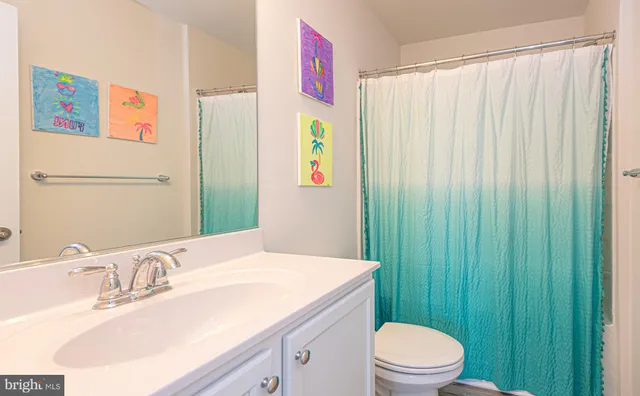a bathroom with a sink a toilet and shower curtain