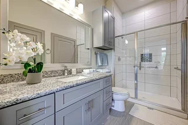 a bathroom with a granite countertop sink a toilet and shower