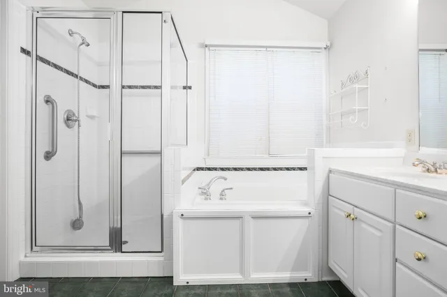 a bathroom with a shower a sink and a mirror
