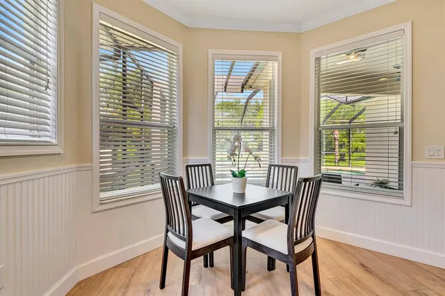a view of a dining room with furniture and wooden floor