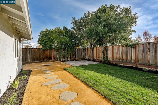 a view of a backyard with wooden fence