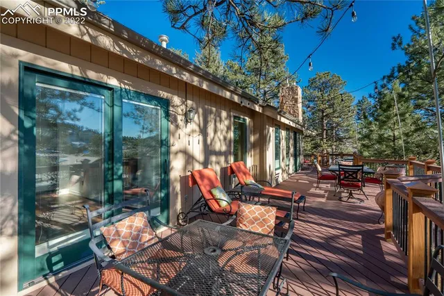 a view of a patio with chairs and large trees