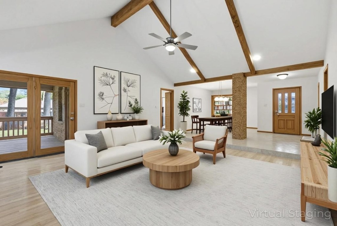 Virtually staged to illustrate furniture arrangement and flooring options