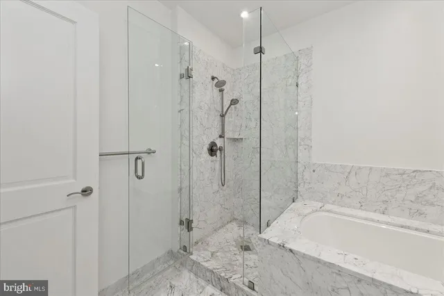 a bathroom with a bathtub and a shower