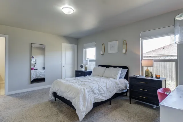 a bedroom with a bed and a dresser