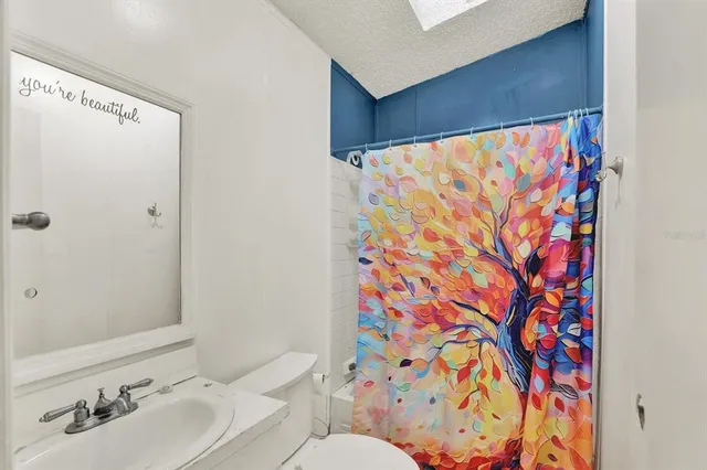 a bathroom with a sink and mirror with toilet