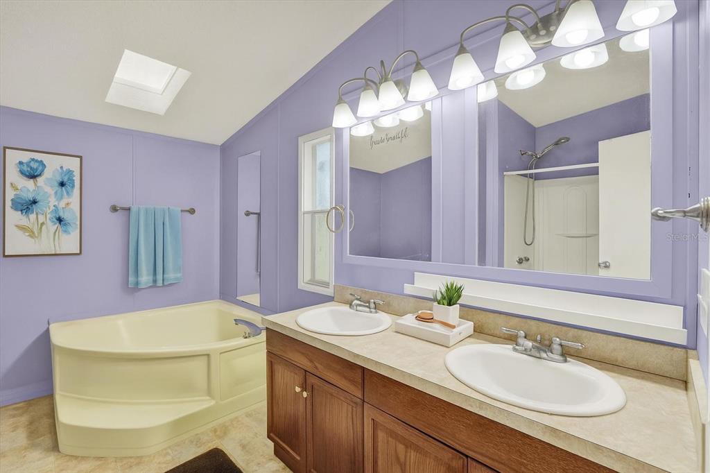 9211 Harney Baptist Church Road Tampa, FL 33637 - Photo 15 of 22 a bathroom with a granite countertop sink a large mirror and a bathtub
