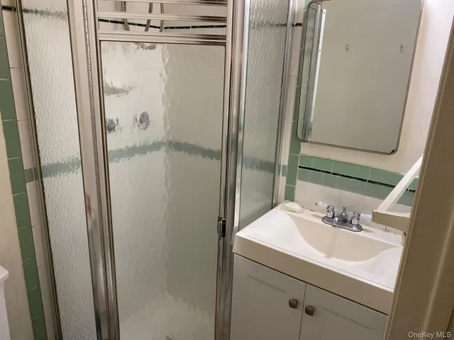 a bathroom with a shower sink and mirror