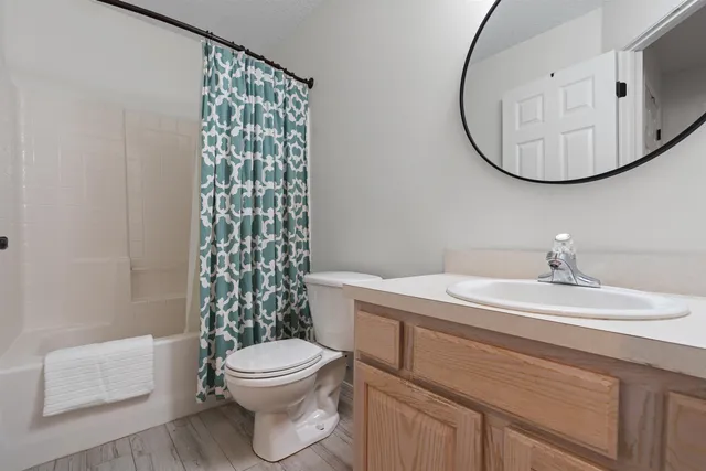 a bathroom with a sink a toilet and mirror