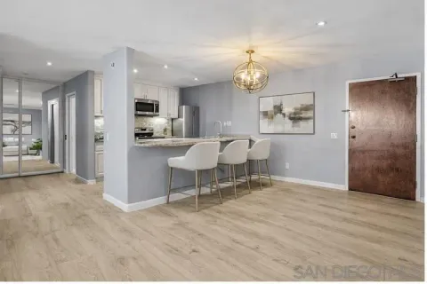 a view of a dining room with furniture