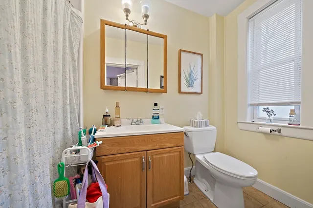 a bathroom with a sink toilet vanity and window