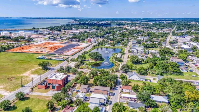 an aerial view of residential houses with outdoor space and trees