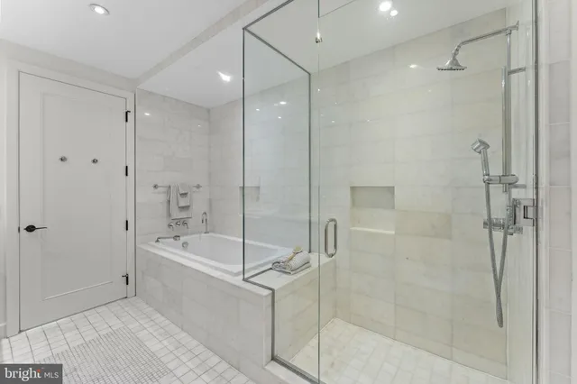 a bathroom with a bathtub and a shower