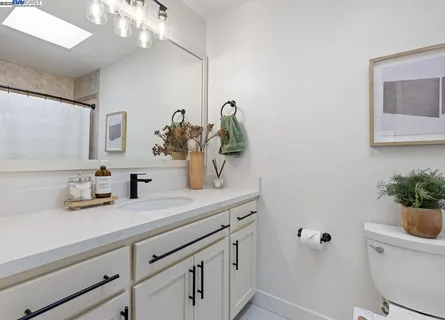 a bathroom with a sink a potted plant and mirror