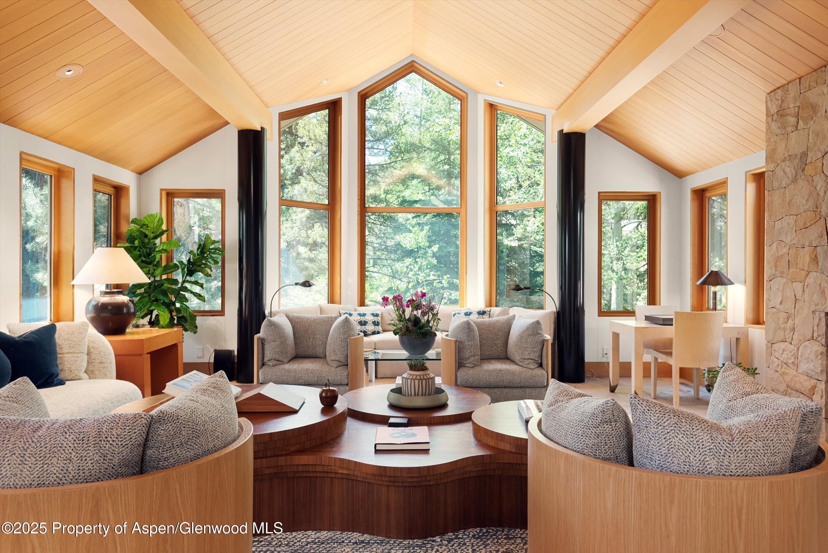 800 Roaring Fork Road Aspen, CO 81611 - Photo 3 of 37 a living room with couches and a large window with garden view