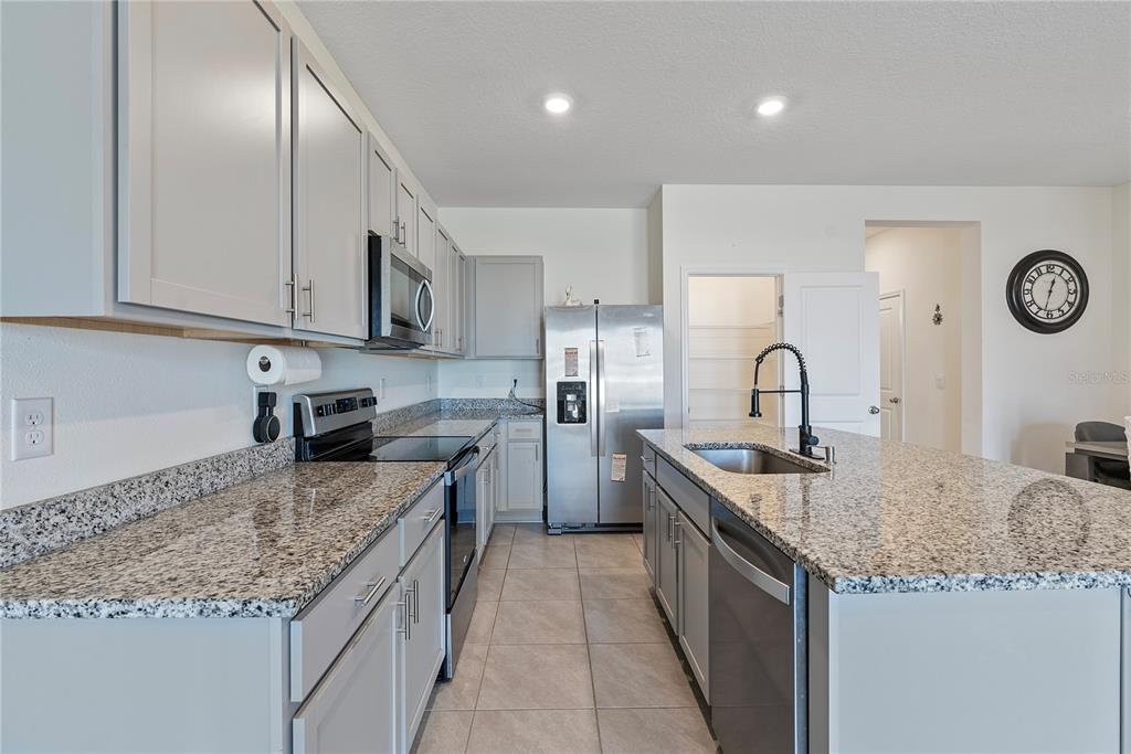 32395 Turtle Grace Loop Wesley Chapel, FL 33545 - Photo 6 of 39 a kitchen with stainless steel appliances granite countertop a sink a stove and a refrigerator