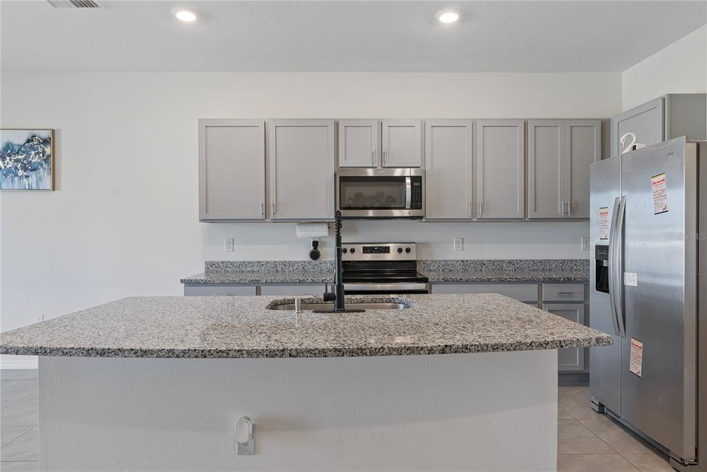 32395 Turtle Grace Loop Wesley Chapel, FL 33545 - Photo 8 of 39 a kitchen with granite countertop a refrigerator a sink a stove a microwave and wooden cabinets