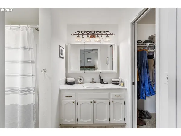 a bathroom with a sink vanity and a mirror