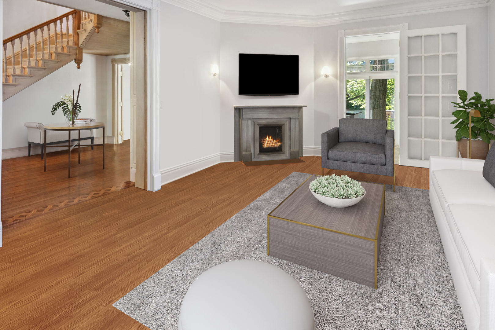 415 East Deerpath Road Lake Forest, IL 60045 - Photo 5 of 26 a living room with furniture a flat screen tv and a fireplace