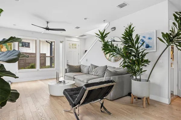 a living room with furniture and a potted plant
