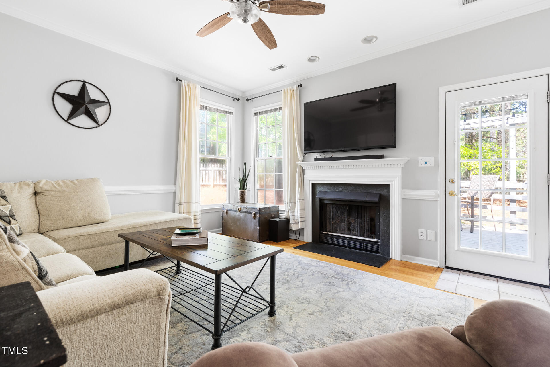 7 Wythebrook Lane Durham, NC 27713 - Photo 17 of 34 a living room with furniture fireplace and flat screen tv
