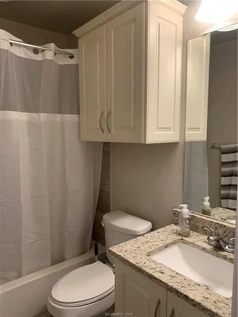 a bathroom with a granite countertop sink toilet and mirror