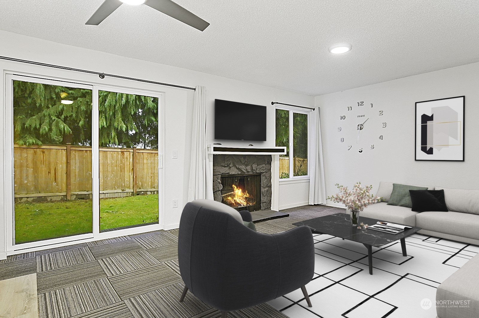 14401 Southeast Petrovitsky Road, Unit D105 Renton, WA 98058 - Photo 11 of 25 a living room with furniture and a fireplace