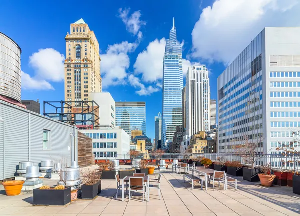 a city view with tall buildings