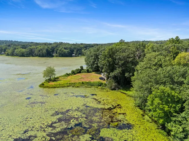 a view of a lake with a yard