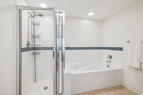 a bathroom with a bathtub and a shower