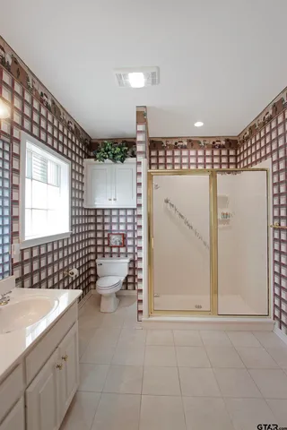 a bathroom with a sink a toilet and shower