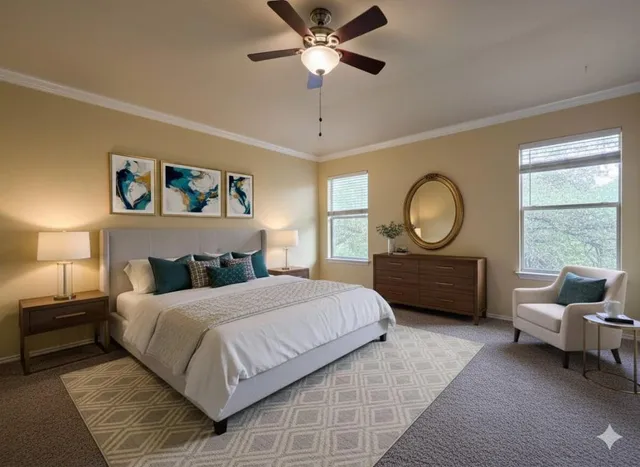 en empty room with closet and a ceiling fan