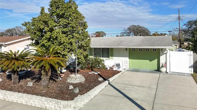 a view of a house with a yard and potted plants