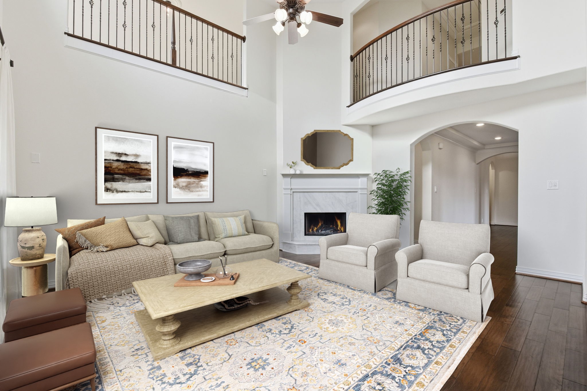 a living room with furniture a rug and a fireplace