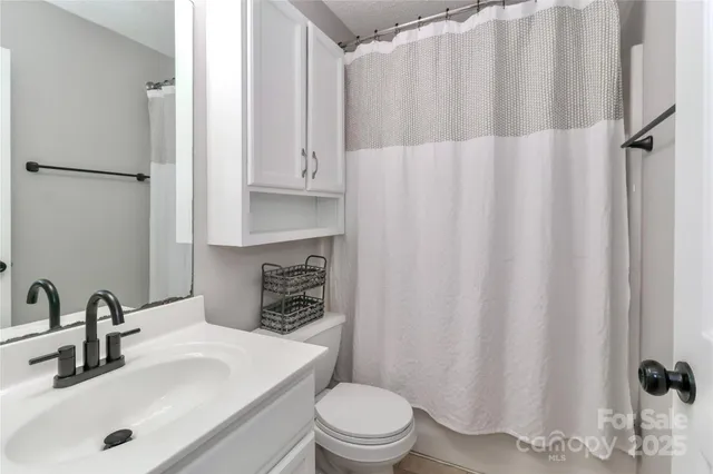 a bathroom with a sink a toilet and shower curtain
