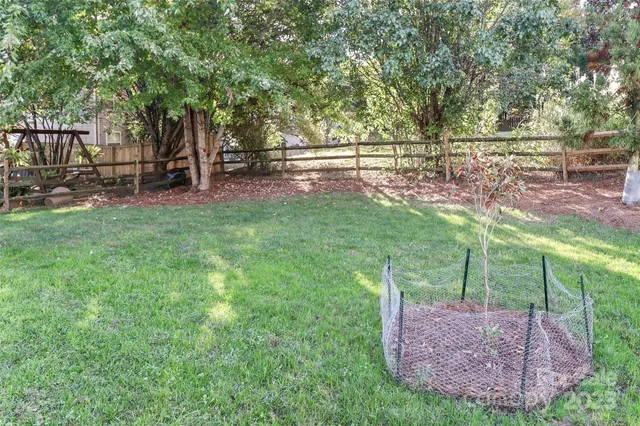 a view of a park with large trees