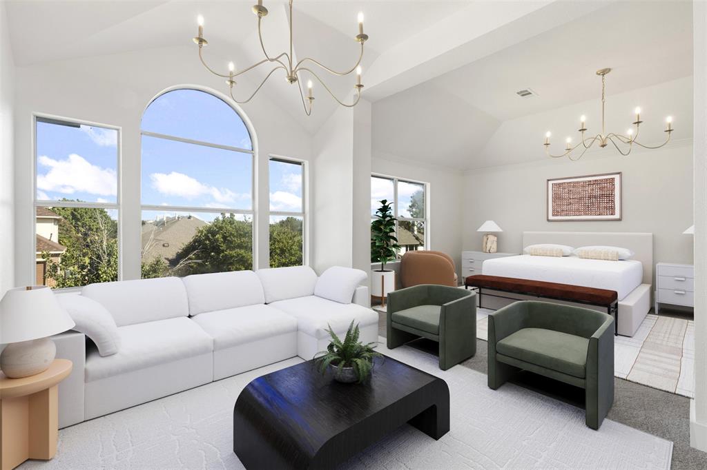 421 Ridge Meade Drive Lewisville, TX 75067 - Photo 7 of 36 a living room with furniture a chandelier and a large window