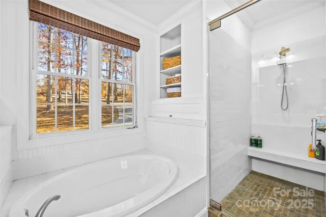 a bathroom with a bathtub and a shower