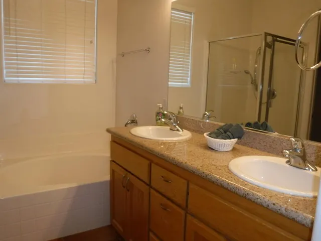 a view of a lake with boats and palm trees