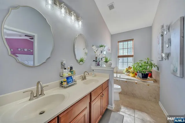 a bathroom with a sink double vanity mirror and a bathtub