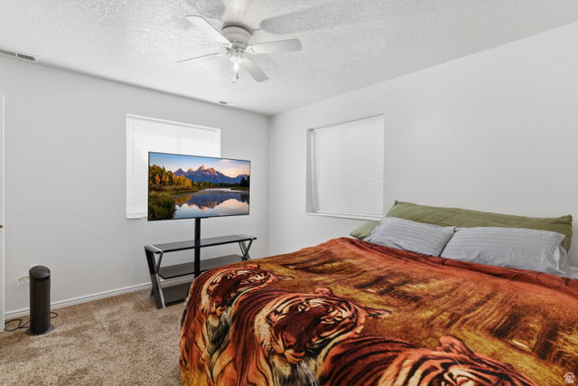 134 West 475 South Ogden, UT 84404 - Photo 21 of 27 Bedroom with light colored carpet, ceiling fan, and a textured ceiling