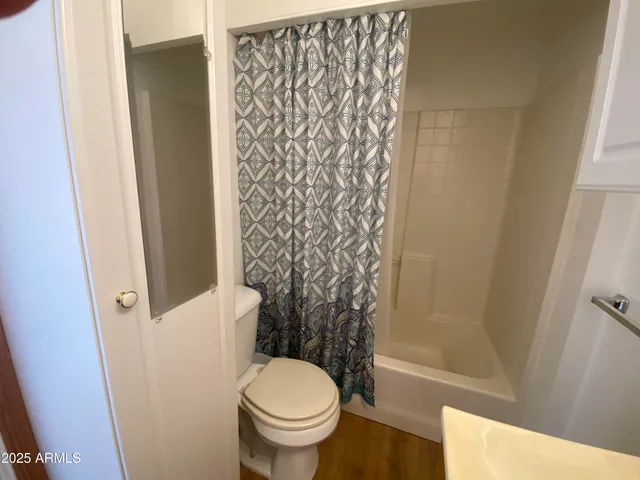a bathroom with a toilet and a shower curtain