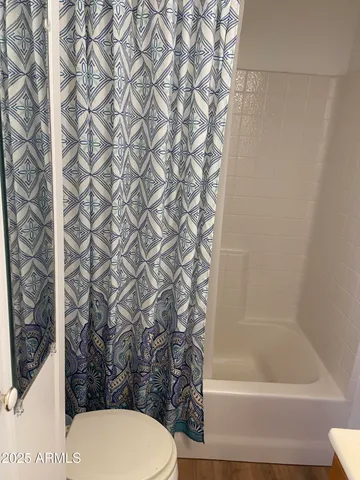 a bathroom with a toilet and a shower curtain
