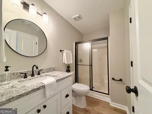 a bathroom with a granite countertop sink toilet and mirror