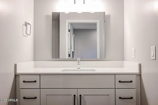 a bathroom with a sink and a mirror