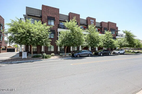 front view of a building with a street