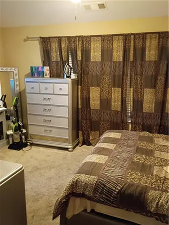a bedroom with a bed and a closet
