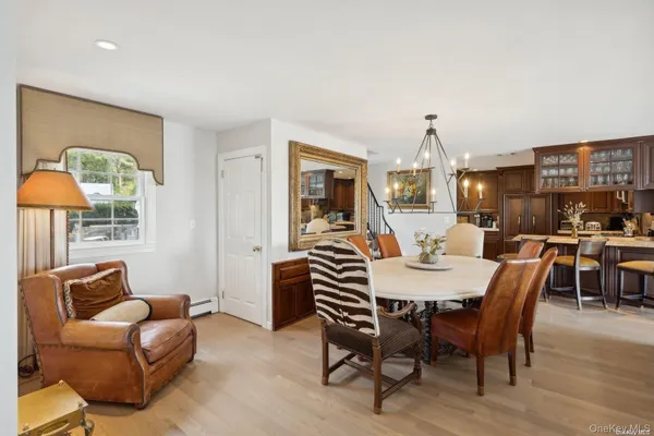 a view of a dining room with furniture